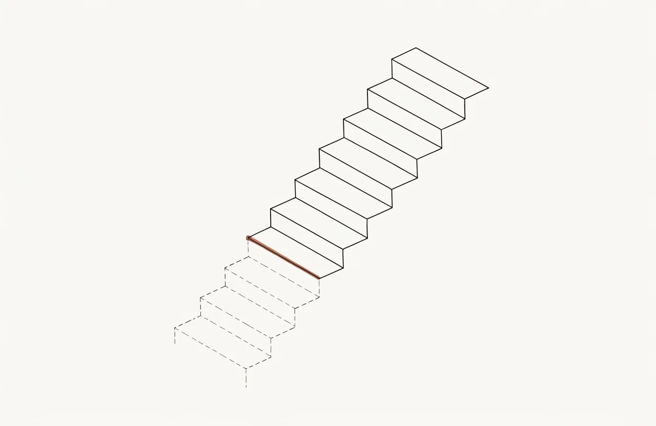 FIG. 02 - The ladder without its lower rungs. An axonometric stair drawn in hairline ink with the upper treads solid and the lowest four treads shown only as dashed outlines, so the flight has no bottom.